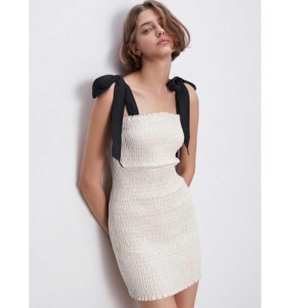 ZARA SMOCKED MINI DRESS TIE STRAPS Ivory Black Sz XS.